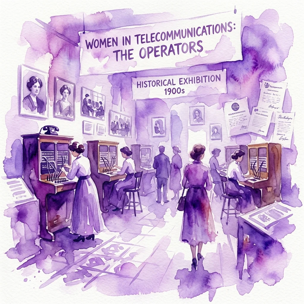 Ilustracja akwarelowa wystawy historycznej o kobietach-telefonistkach w latach 1900., prezentująca zabytkowe centrale telefoniczne, fotografie i dokumenty.