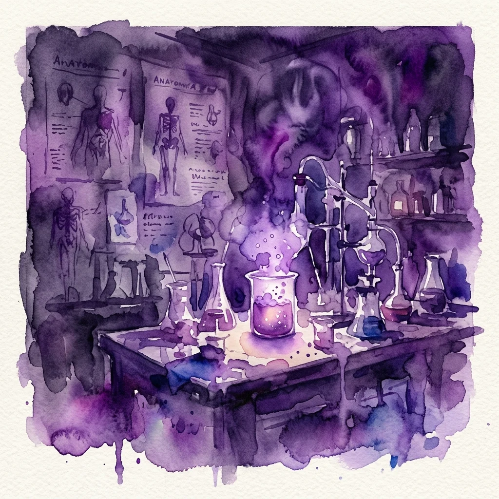 Een aquarelillustratie van een schemerig laboratorium met borrelende beakers, wetenschappelijke apparatuur en anatomische schetsen aan de muren, die thema's van vroege sciencefiction en wetenschappelijke experimenten oproept.