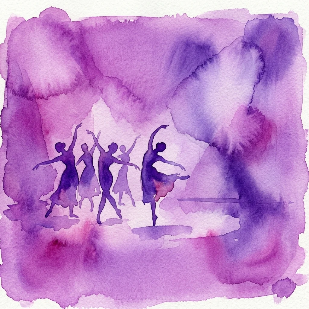 Silhouetten van dansers in dynamische poses tegen een paarse aquarelachtergrond, die de geest van de moderne danspioniers van begin 20e eeuw, zoals Isadora Duncan en Josephine Baker, oproepen.