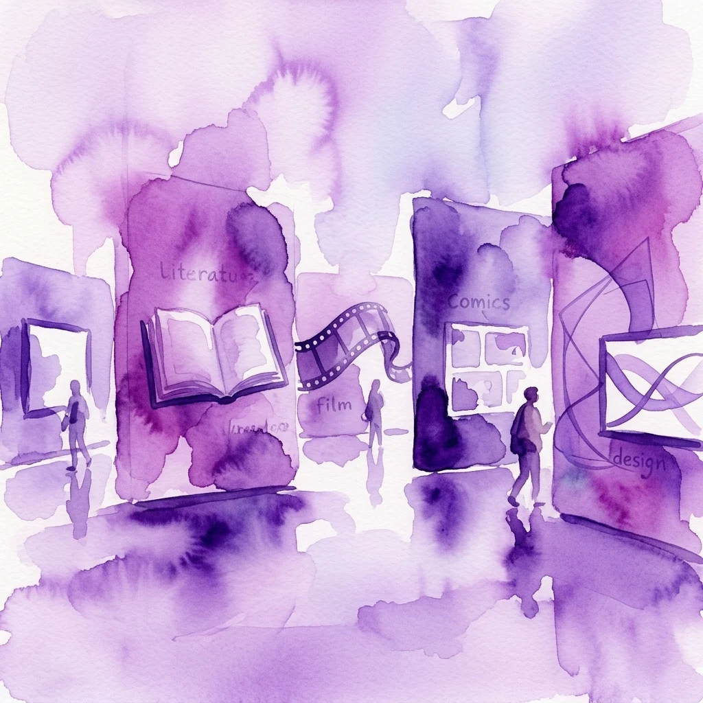 Ilustración en acuarela de una sala de exposiciones con siluetas de visitantes explorando exhibiciones etiquetadas como Literatura, Cine, Cómics y Diseño, reflexionando sobre visiones del futuro.
