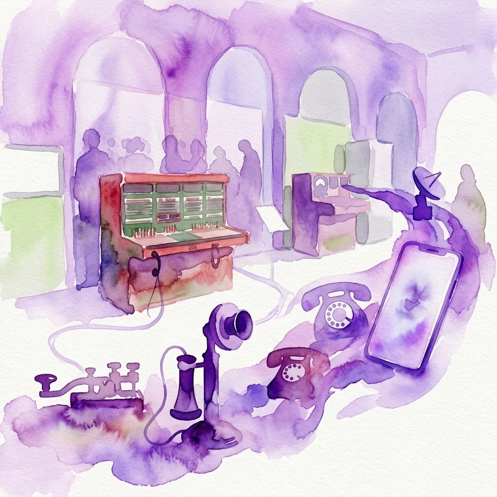 Ilustración en acuarela de una exposición de museo que muestra la historia de las telecomunicaciones, con un telégrafo, teléfonos de disco, un centralita y un smartphone moderno, todo ello en un espacio de galería abovedado.