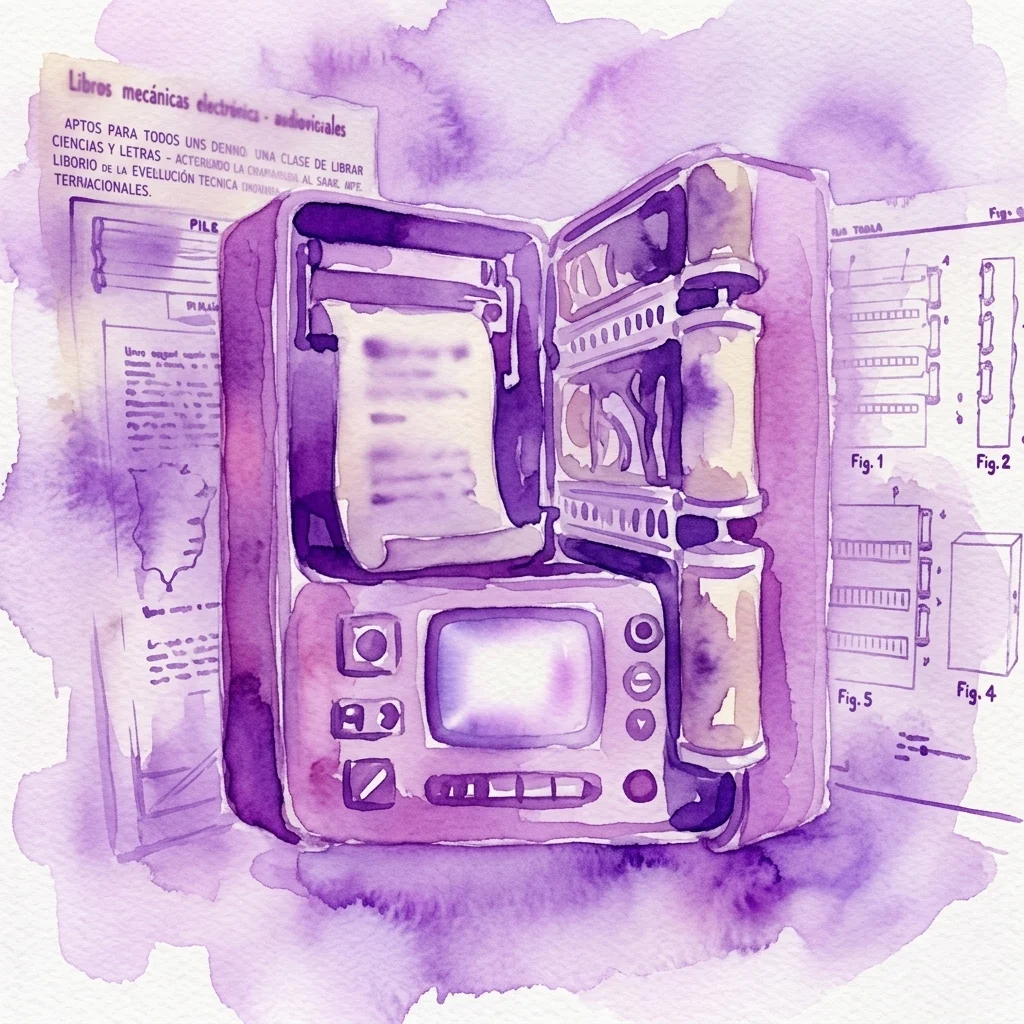 A watercolor illustration of a vintage mechanical device resembling an early e-reader, surrounded by blueprints and educational materials, representing Doña Angelita's invention of the Mechanical Encyclopaedia.