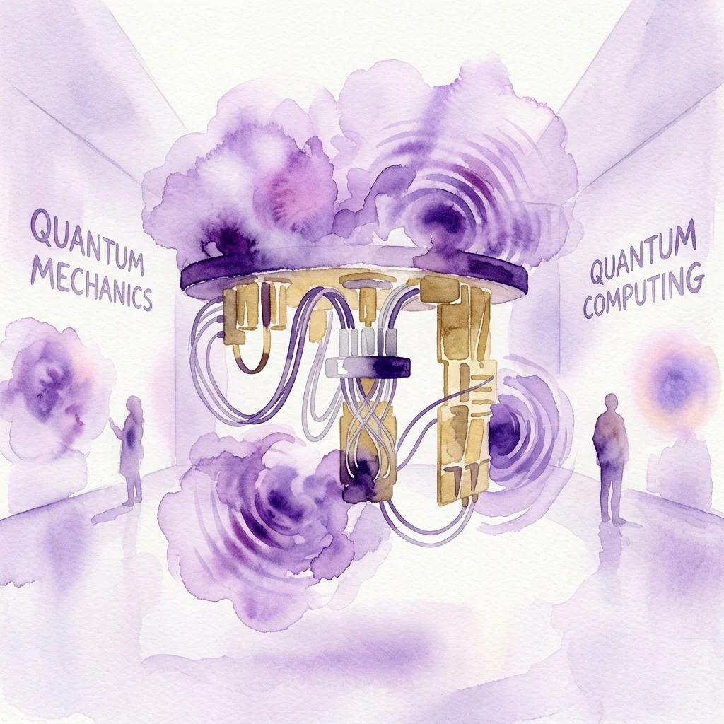 An artistic rendering of a quantum computing exhibit, featuring a central quantum chip surrounded by purple abstract clouds, with text labels for 'Quantum Mechanics' and 'Quantum Computing' in a minimalist gallery space.