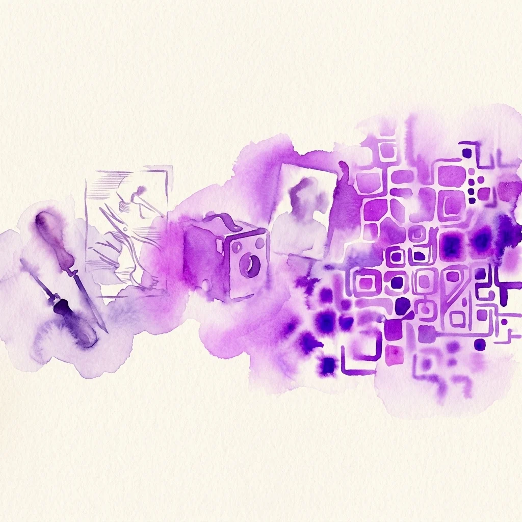 Paarse aquarelillustratie die de evolutie van visuele representatie weergeeft, met een historische gravure, een vintage camera en abstracte digitale patronen die AI-gegenereerde beelden symboliseren.