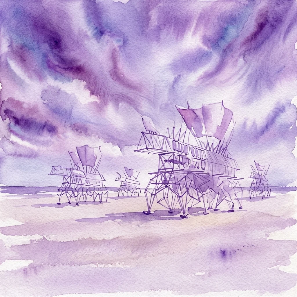 Ilustración en acuarela de las esculturas cinéticas 'Strandbeest' de Theo Jansen en una playa bajo un dramático cielo púrpura, evocando vida artificial y movimiento impulsado por el viento.