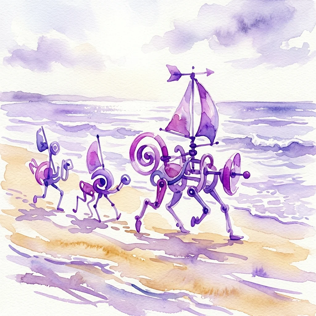 Ilustracja akwarelowa kinetycznych rzeźb Theo Jansena, czyli Strandbeestów, spacerujących po piaszczystej plaży z łagodnymi falami i miękkim fioletowym niebem.