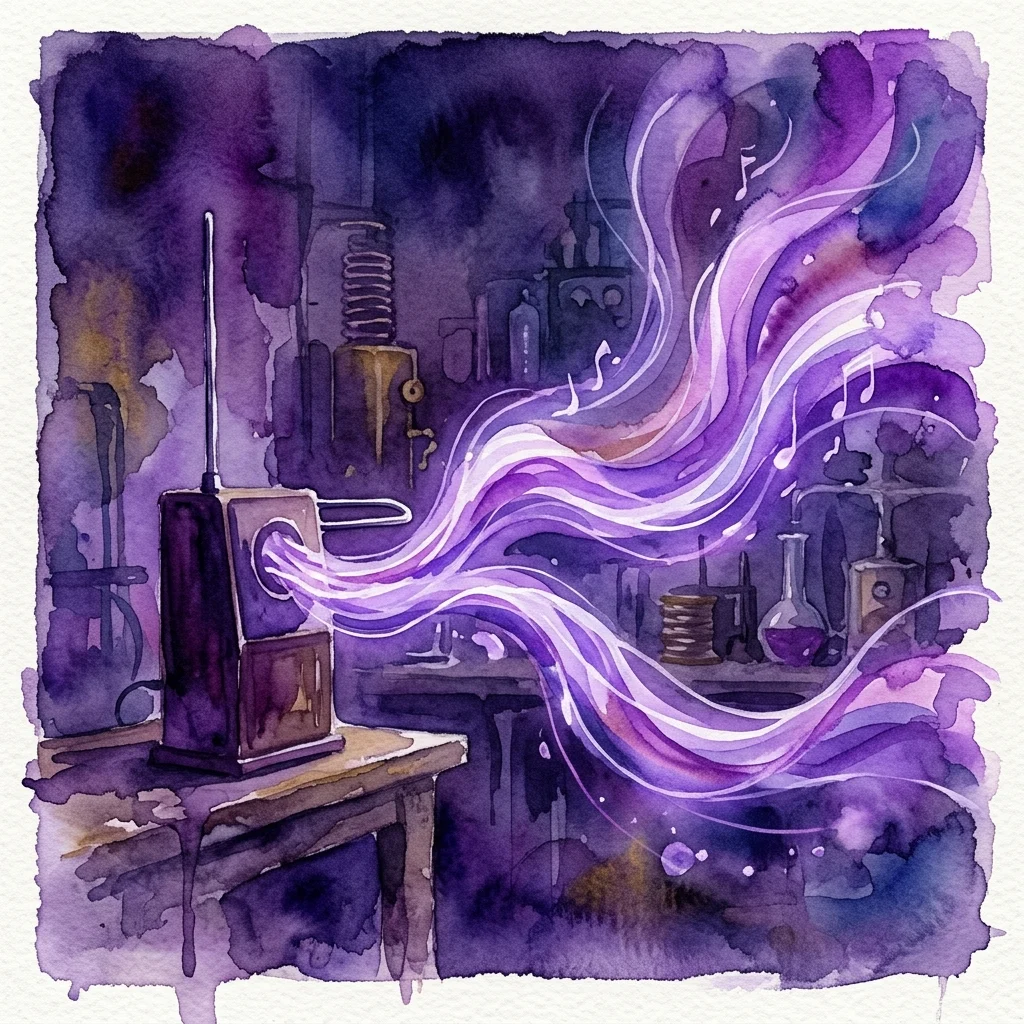 Ilustracja akwarelowa vintage’owego instrumentu theremin w laboratorium retrofuturystycznym, z fioletowymi falami dźwiękowymi i nutami wypływającymi z niego, symbolizującymi innowacje w muzyce elektronicznej.