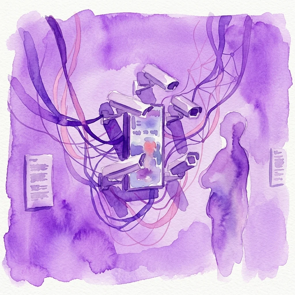 Una ilustración en acuarela de una instalación de arte conceptual sobre derechos digitales, con cámaras de vigilancia, rastros de datos y una silueta humana sobre un fondo morado.
