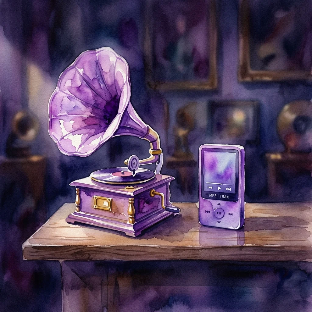 Antyczny gramofon i nowoczesny cyfrowy odtwarzacz audio na drewnianej półce, symbolizujące ewolucję technologii nagrywania muzyki w muzealnym otoczeniu.