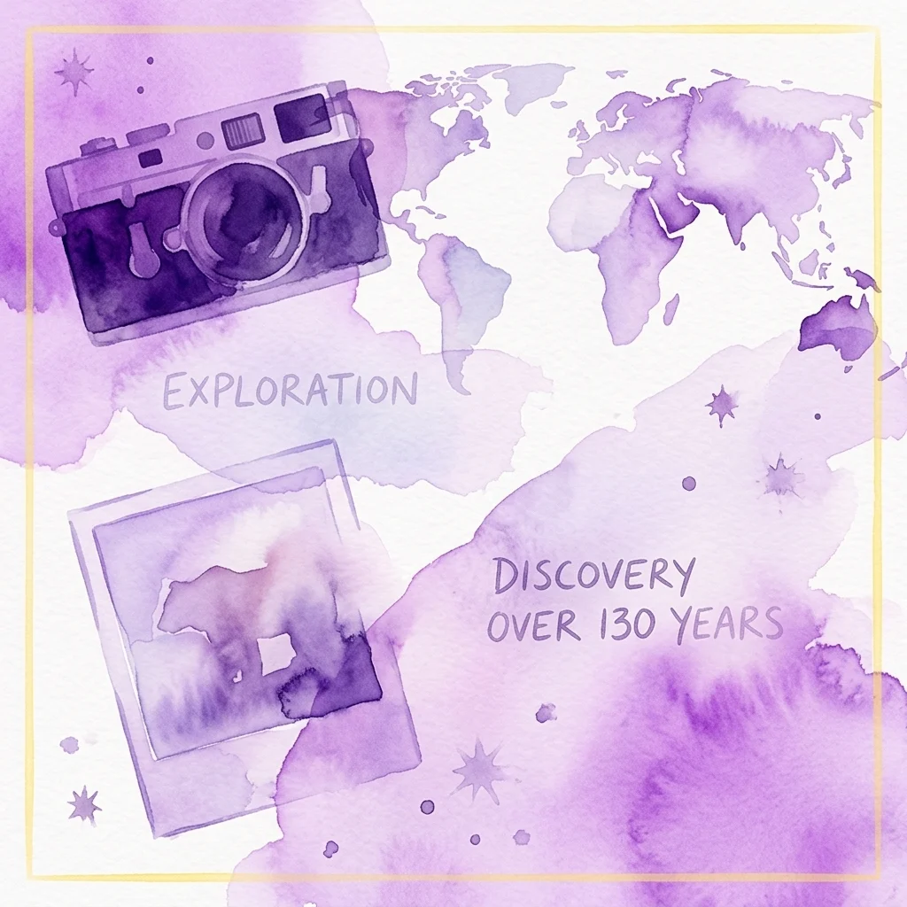 Ilustracja akwarelowa przedstawiająca zabytkowy aparat, mapę świata i polaroidowe zdjęcie niedźwiedzia, z tekstem „EXPLORATION” i „DISCOVERY OVER 130 YEARS” w odcieniach fioletu.