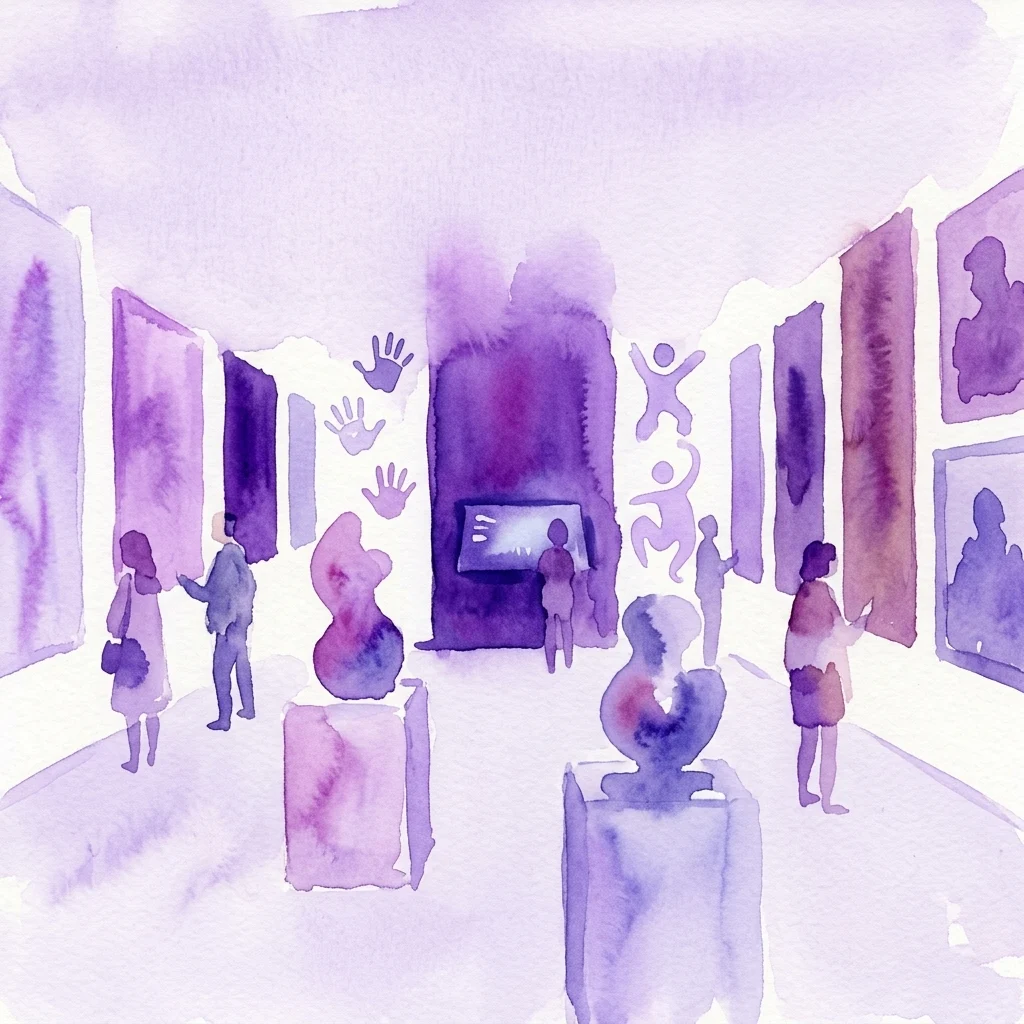 Una ilustración en acuarela de una galería de arte moderno con visitantes observando pinturas, esculturas y exhibiciones interactivas, destacando tonos púrpuras y elementos de arte infantil.