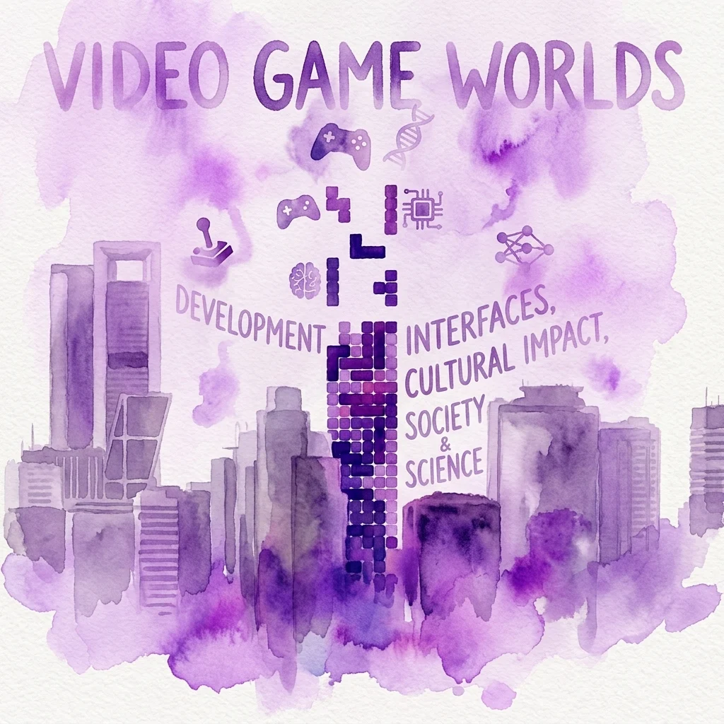 Ilustracja akwarelowa panoramy miasta z tekstem 'VIDEO GAME WORLDS' i ikonami symbolizującymi rozwój, interfejsy, wpływ kulturowy, społeczeństwo i naukę.