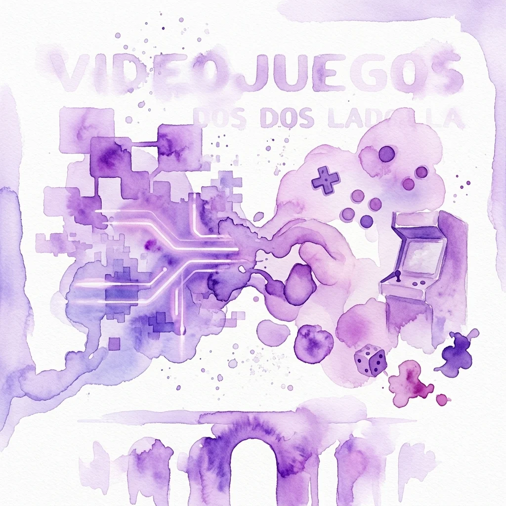 Ilustracja akwarelowa elementów gier wideo, w tym kontrolera, automatu do gier, kostek i wzorów przypominających obwody w odcieniach fioletu, z nałożonym tekstem „VIDEOJUEGOS DOS LADOS DE LA PANTALLA”.