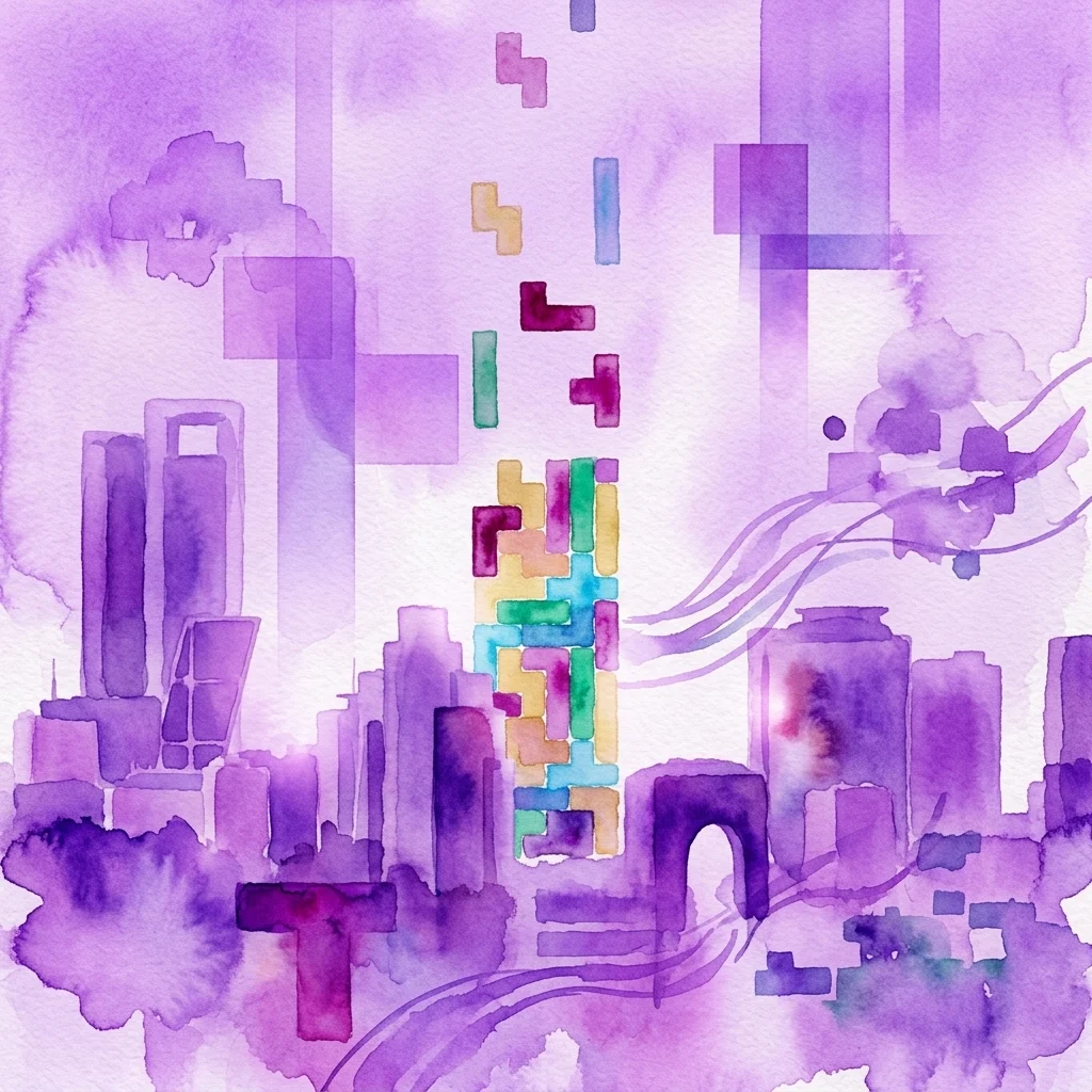 Abstrakcyjne akwarelowe dzieło sztuki przedstawiające pejzaż miejski z kolorowymi klockami w stylu Tetris wyrastającymi z centrum, symbolizujące fuzję światów fizycznych i wirtualnych w grach wideo.