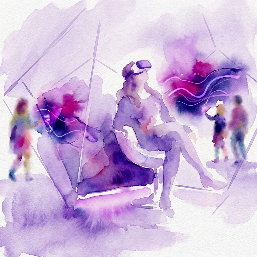 Una ilustración en acuarela de una persona usando un casco de RV en un espacio futurista de realidad virtual, con otros visitantes explorando contenido digital en una exposición moderna.