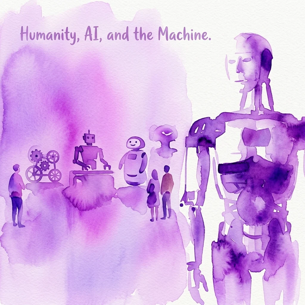Fioletowa akwarelowa ilustracja przedstawiająca różne roboty i ludzi, z tekstem „Humanity, AI, and the Machine”, reprezentująca wystawę „We Robots”.