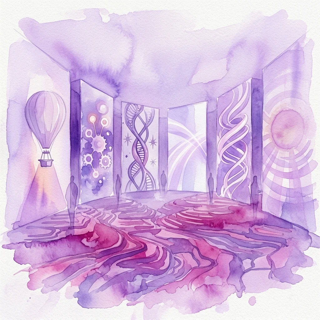 Watercolor illustration of a modern gallery space with six large audiovisual installations, featuring futuristic themes like DNA strands, hot air balloons, and celestial patterns, showcasing the 'Windows to the Future' exhibition at Espacio Fundación Telefónica.