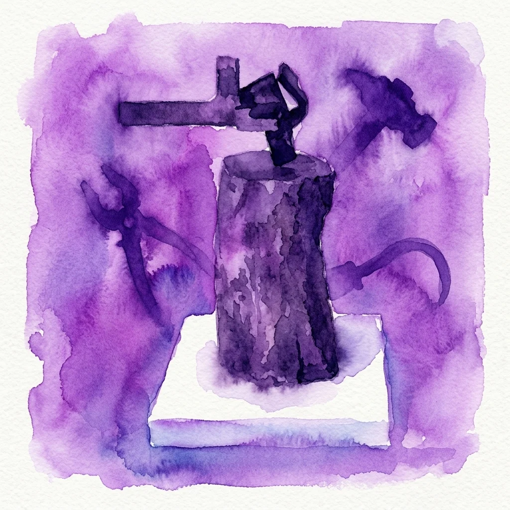 Een aquarelillustratie van een smidsaambeeld met gereedschap, uitgevoerd in paarse tinten, die Eduardo Chillida's sculptuur 'Yunque de sueños XIII' voorstelt.