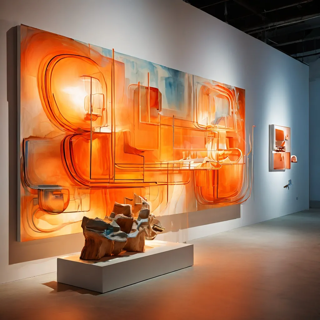 A conceptual installation view inside Espacio Marzana featuring electronic components and organic forms.
