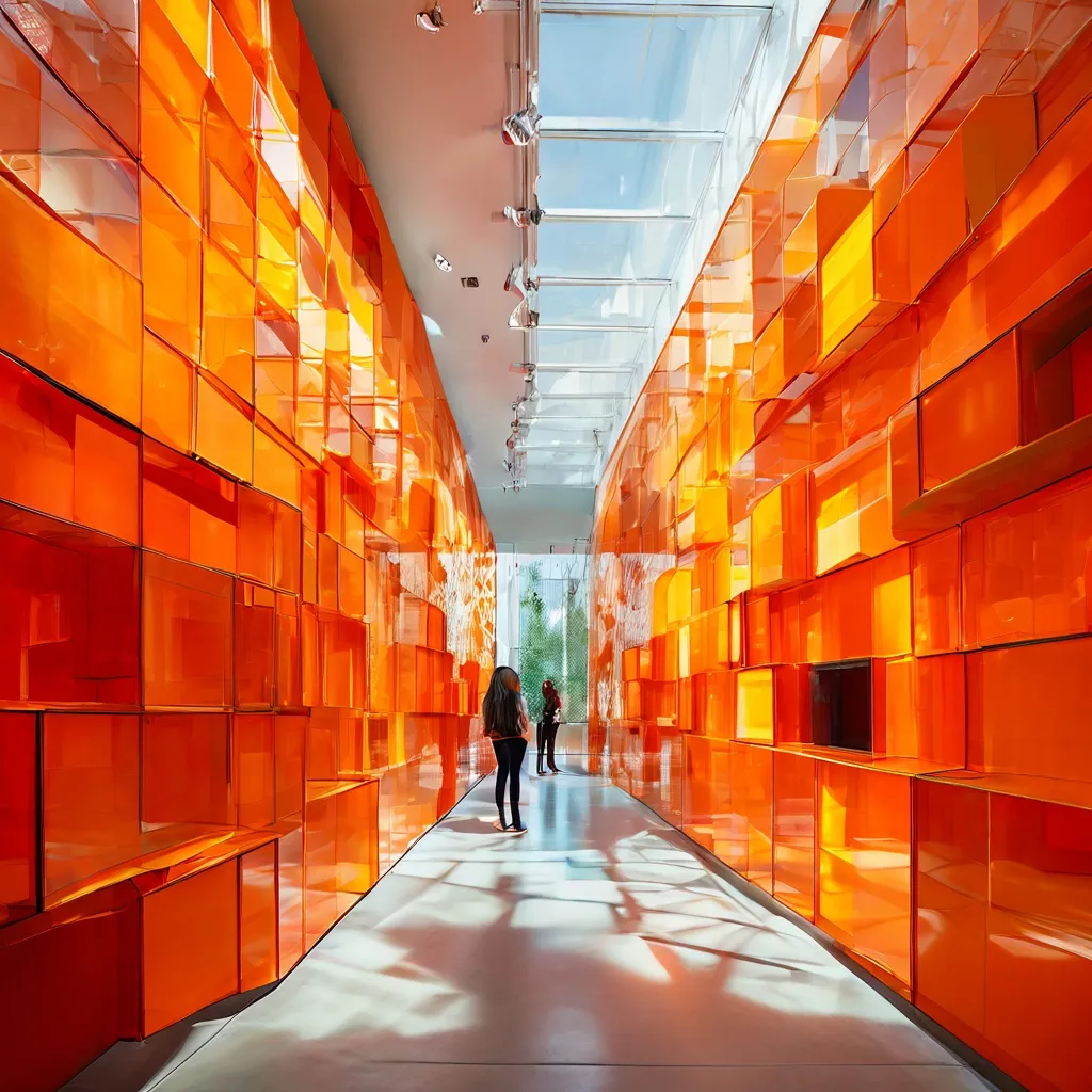 The immersive wall installation 'Sticked Painting' by Arancha Goyeneche featuring a vast array of vibrant, geometric vinyl tiles at Espacio Marzana.