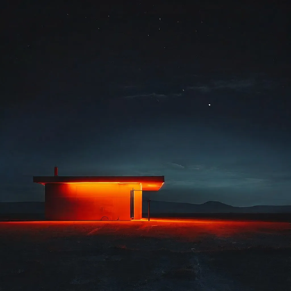 Representación artística de estructuras de carretera iluminadas por neón frente a un vasto paisaje para la exposición de Begoña Zubero en Espacio Marzana.