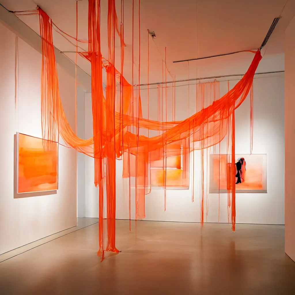 Contemporary sculptural art installation at Espacio Marzana featuring suspended pink satin rope elements.