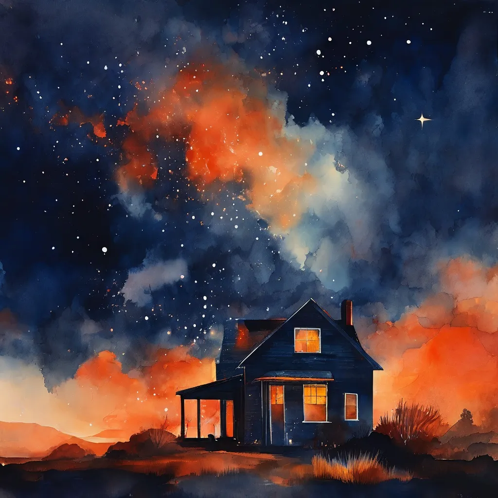 Surreal painting of an isolated house beneath a vast, star-filled cosmic sky for the Onironautas exhibition at Espacio Marzana.