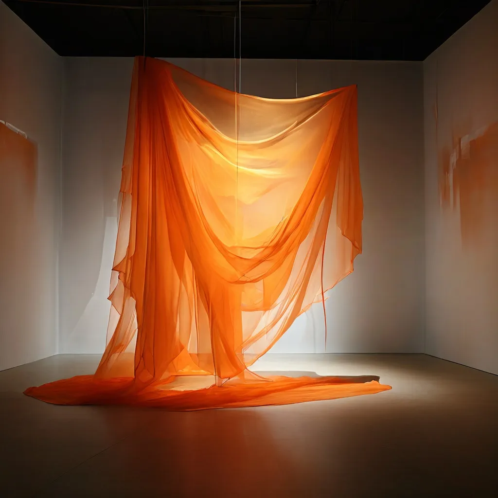 Een conceptuele kunstinstallatie in Espacio Marzana met doorzichtige sluiers en dramatische schaduwen op de muren van de galerie.