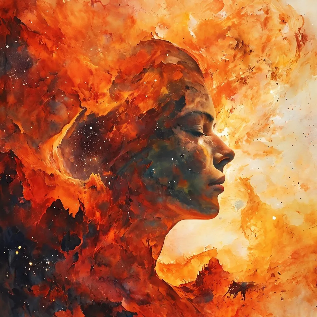 Visualización artística abstracta de un rostro humano fusionándose con elementos celestes para la exposición Fuera de sí en Espacio Marzana.