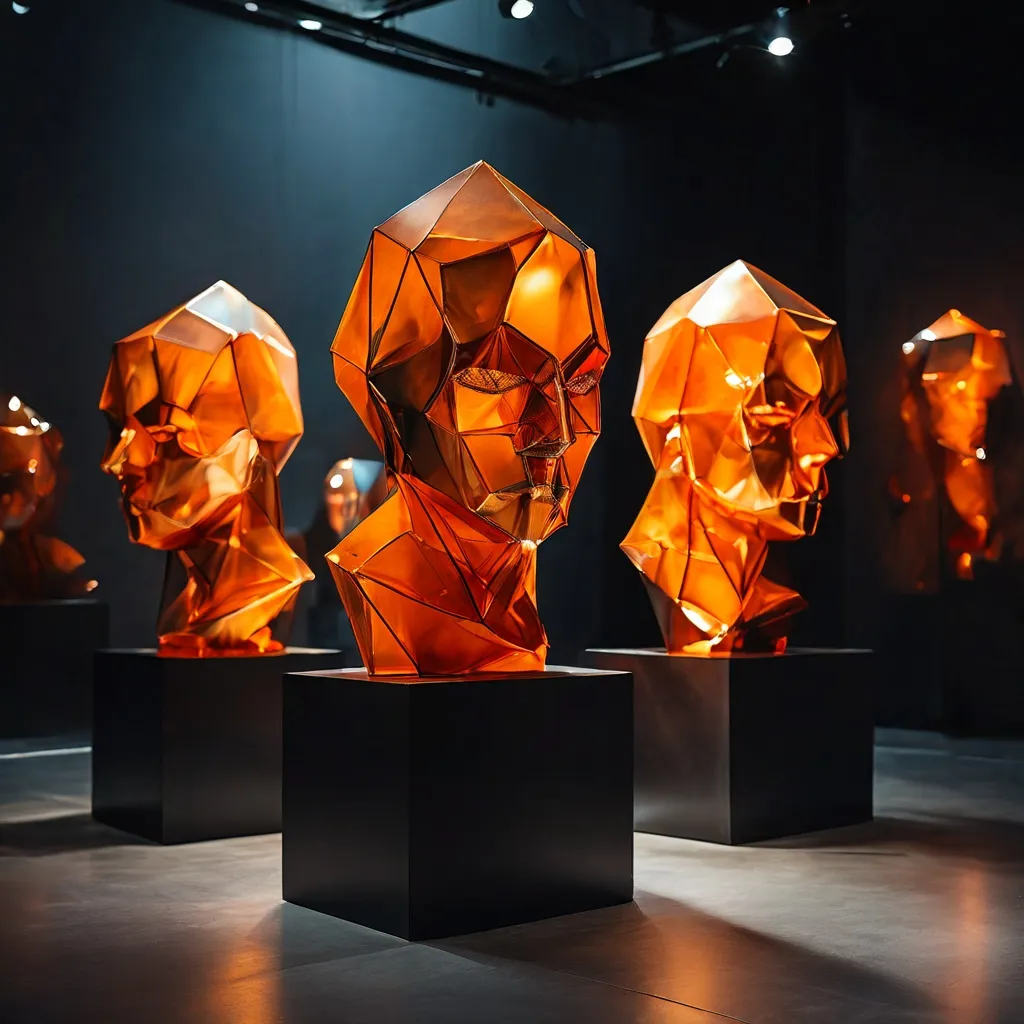 A display of abstract mask-themed sculptures at Espacio Marzana, highlighting the thematic focus on identity.
