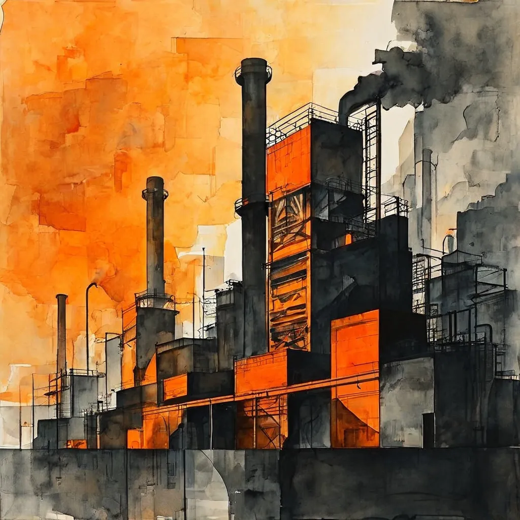 Charcoal-style artistic depiction of dense, industrial urban architecture displayed as part of the Megalopolis exhibition at Espacio Marzana.