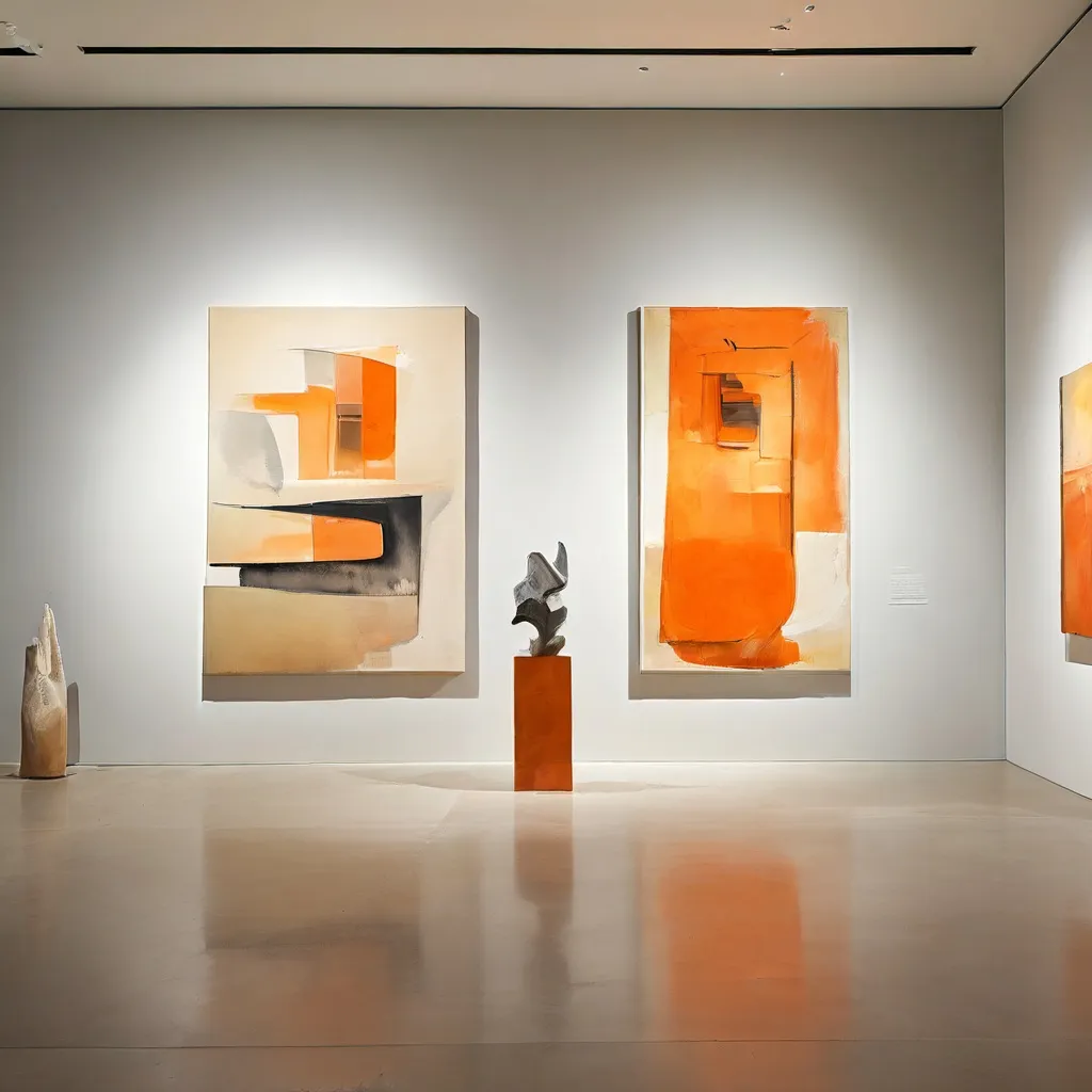 Una vista conceptual de la exposición Una excusa en Espacio Marzana que muestra estilos artísticos contrastantes de escultura y pintura narrativa.