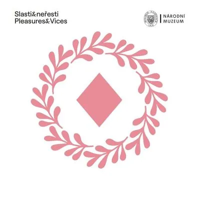 Logotipo de corona rosa con un centro de diamante y el texto 'Slasti & nefesti Pleasures & Vices' y el logotipo de 'NARODNI MUZEUM'