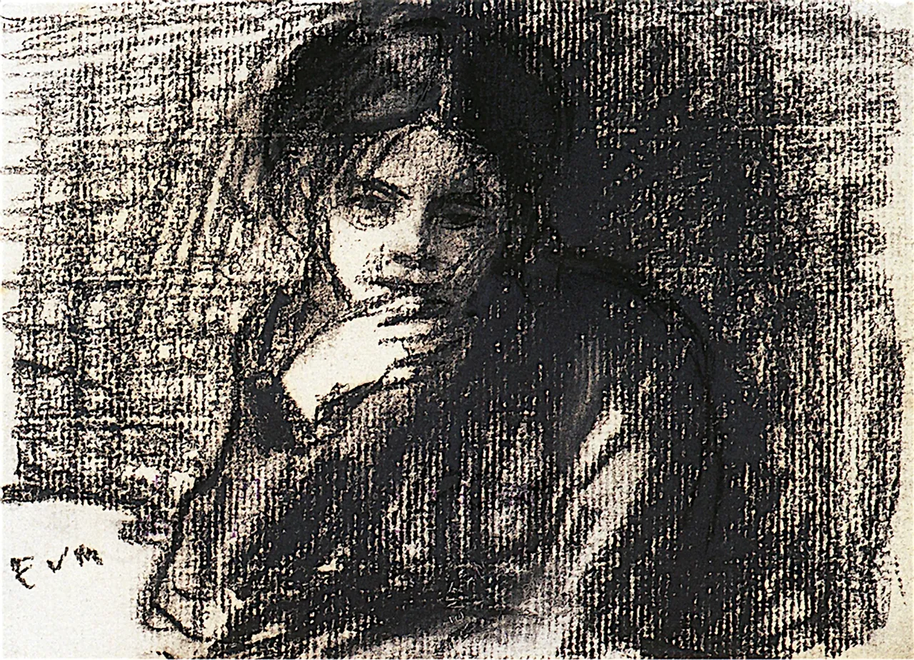 Dibujo al carboncillo en blanco y negro de una niña con la mano cerca de la boca, firmado E v M en la esquina inferior izquierda