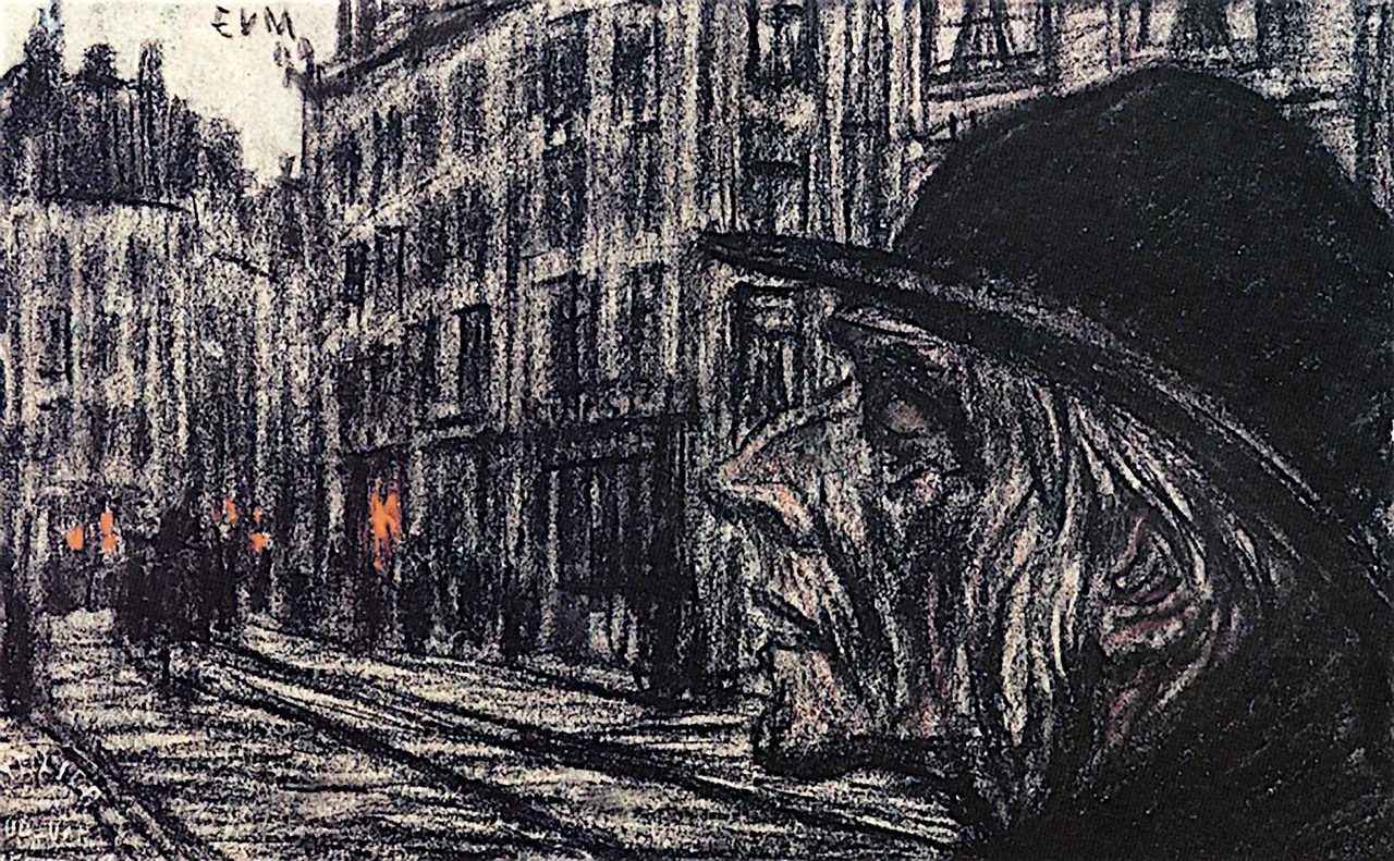 Dibujo al carboncillo de una escena callejera de Amberes con vías de tranvía y edificios, superpuesto con un gran retrato de perfil de un hombre con sombrero, firmado EVM