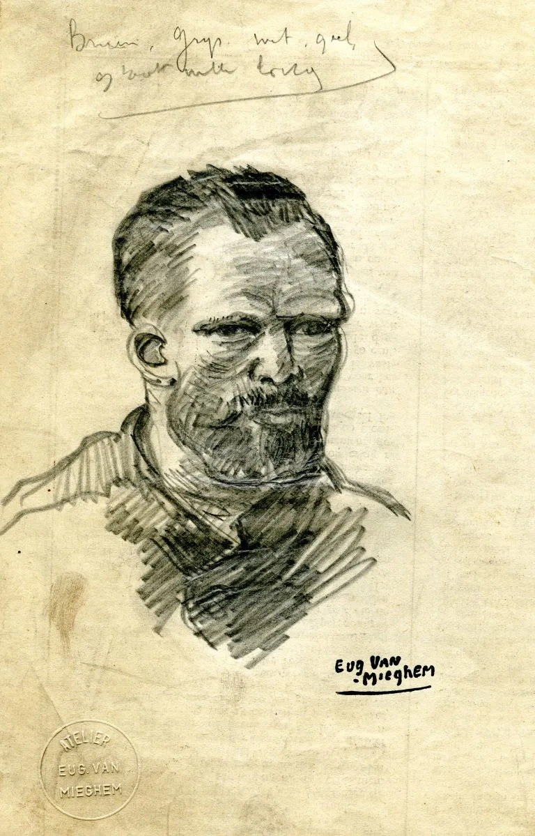 Boceto de retrato a carboncillo de un hombre barbudo sobre papel envejecido, firmado Eug. Van Mieghem con sello de taller y notas manuscritas
