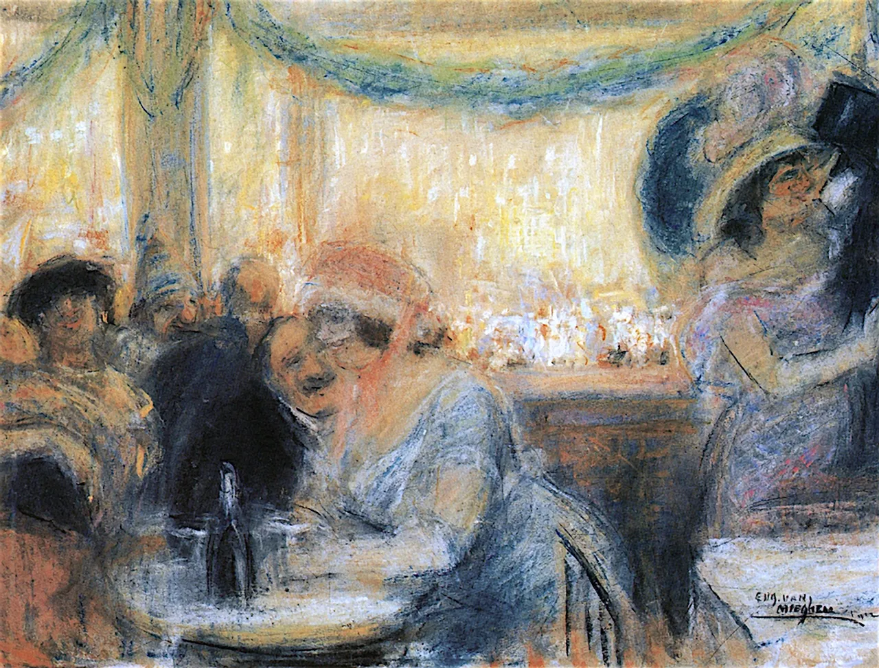 Pintura del interior de un café con figuras sentadas alrededor de una mesa con una botella, una mujer con sombrero de pie a la derecha, pinceladas impresionistas sueltas en tonos cálidos, firmada Eugeen Van Mieghem en la esquina inferior derecha