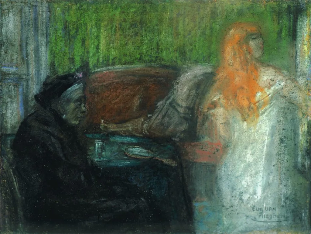 Pintura de Eugeen Van Mieghem que muestra a una figura sentada con ropa oscura en una mesa y una figura de pie con el pelo largo y naranja sobre un fondo verde, con la firma del artista visible en la esquina inferior derecha.