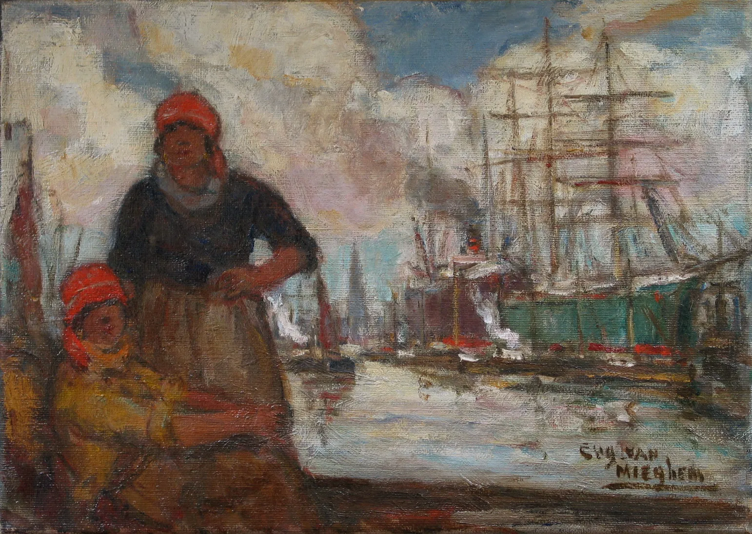 Oil painting by Eugeen Van Mieghem depicting two women in red headscarves at a harbor with sailing ships and a smoking steamship in the background