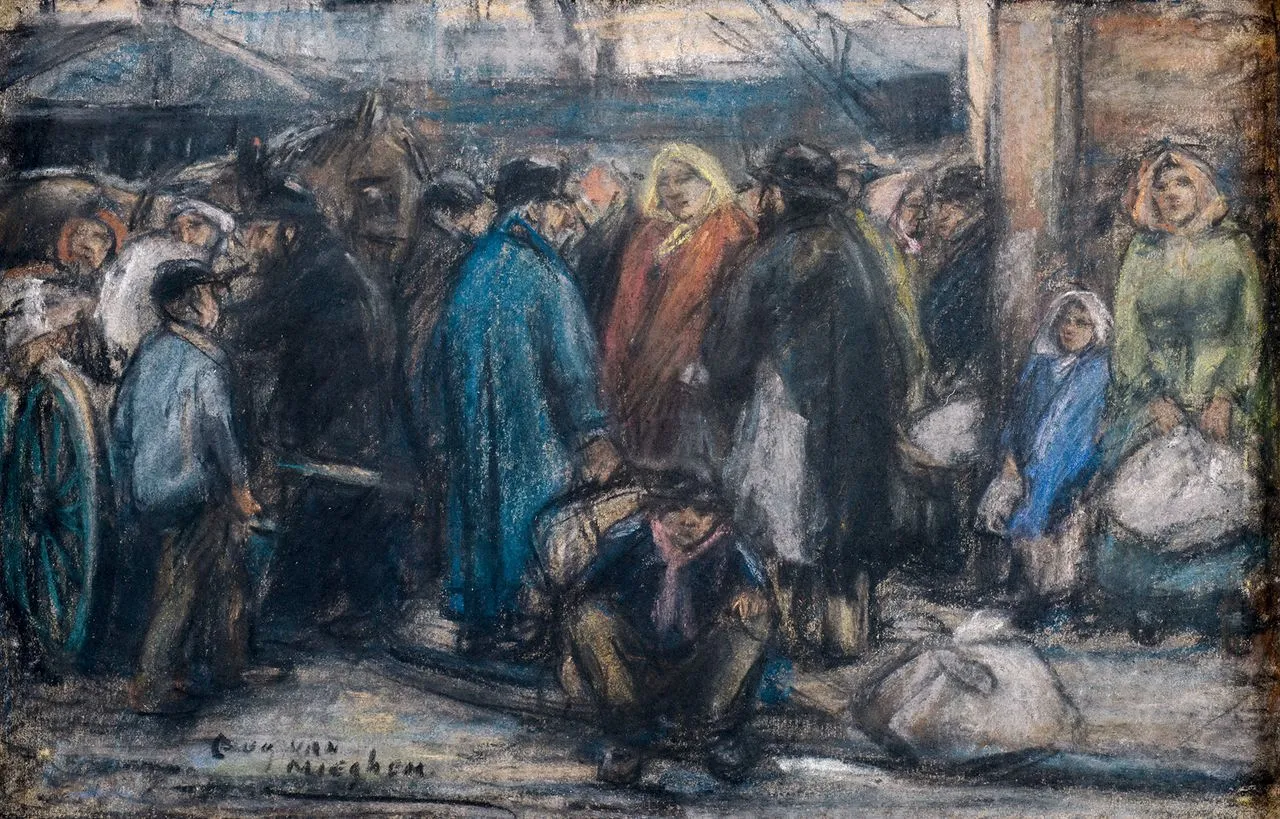 Pintura que muestra una escena callejera abarrotada de emigrantes con fardos, caballos y figuras con abrigos oscuros, firmada por Eugeen Van Mieghem en la parte inferior