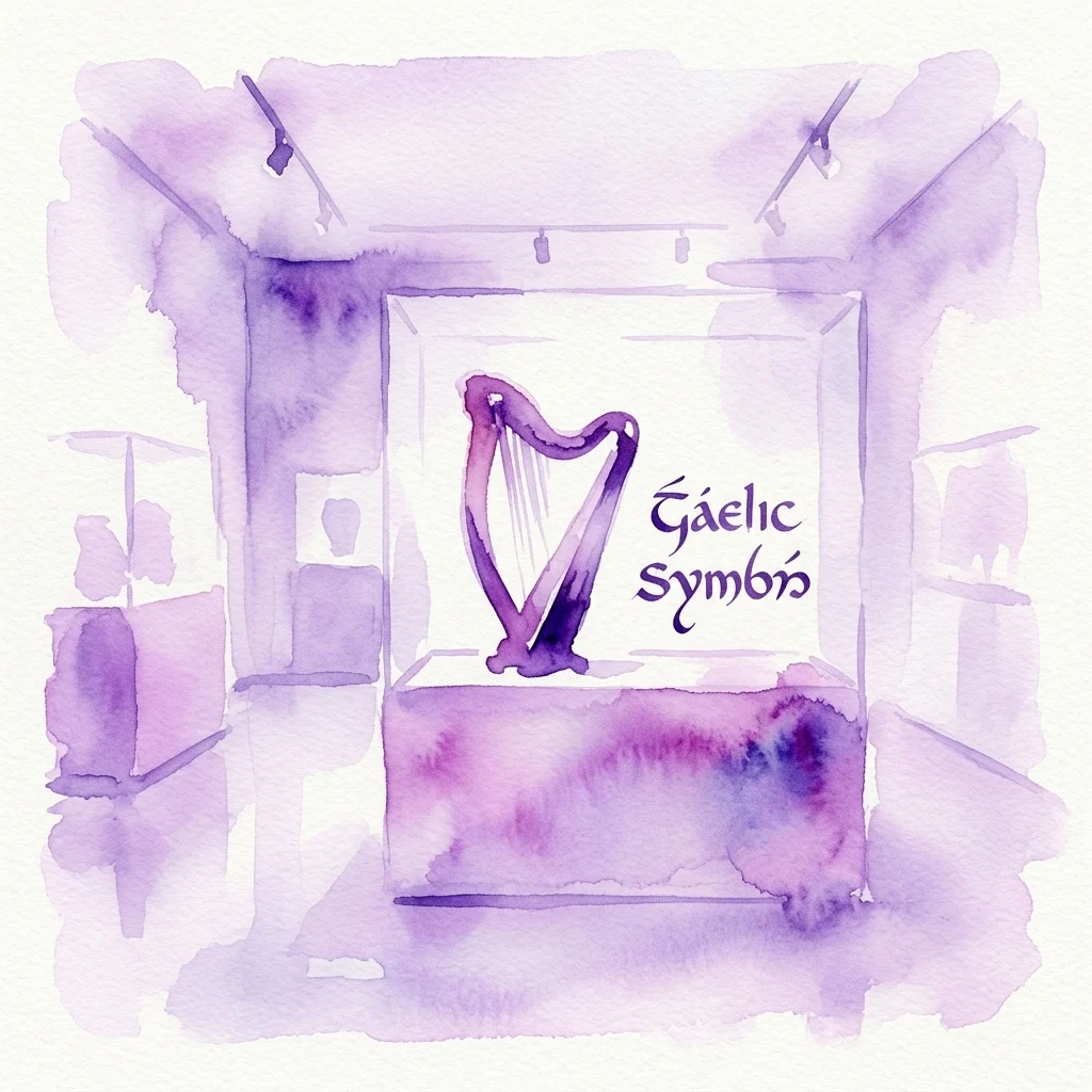 Purple watercolor illustration of a brightly lit museum gallery featuring a decorative Irish harp display labeled 'Gaelic Symbol' in stylized lettering.