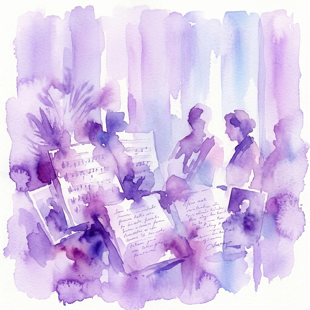 Ilustracja akwarelowa w odcieniach fioletu i błękitu przedstawiająca sylwetki muzyków z nutami i ręcznie pisanymi listami, symbolizująca utracone dziedzictwo muzyczne wygnanych artystów z Wiednia w erze nazistowskiej.