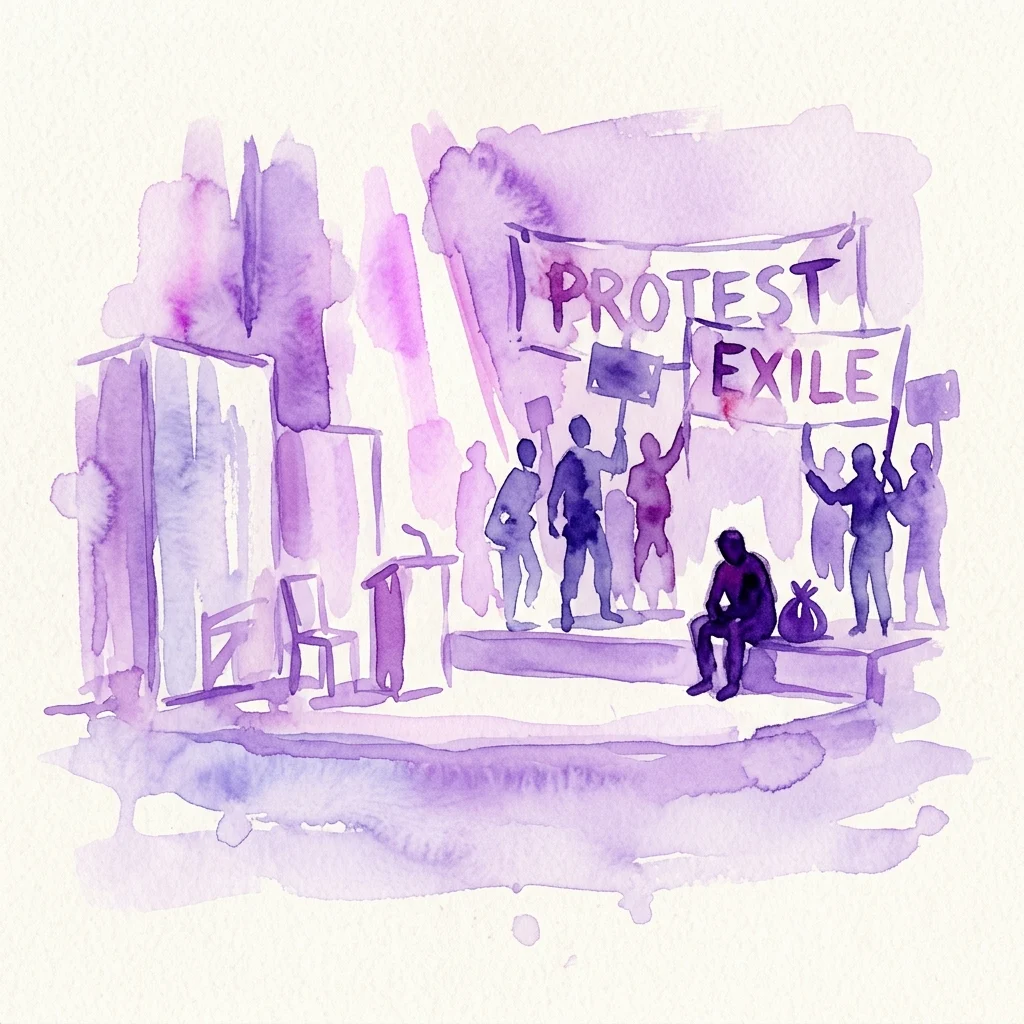 Ilustracja akwarelowa scenografii teatralnej przedstawiającej protest polityczny i wygnanie, z postaciami trzymającymi transparenty z napisami 'PROTEST' i 'EXILE' w dramatycznym fioletowym oświetleniu.