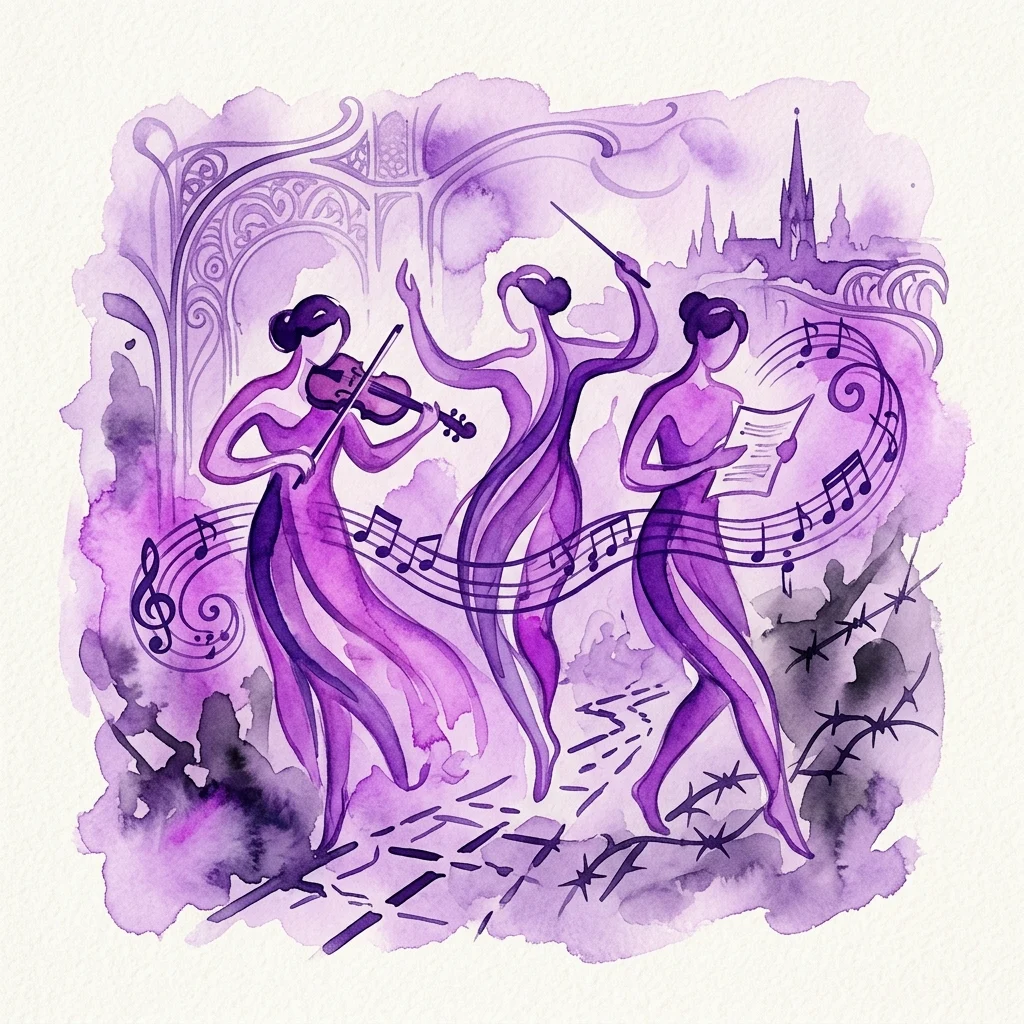 Fioletowa ilustracja akwarelowa przedstawiająca trzy stylizowane postacie symbolizujące kompozytorów Arnolda Schönberga, Alexandra Zemlinsky'ego i Richarda Hoffmana, z nutami, architekturą w stylu Art Nouveau i drutem kolczastym symbolizującym wygnanie i prześladowania w erze nazistowskiej.