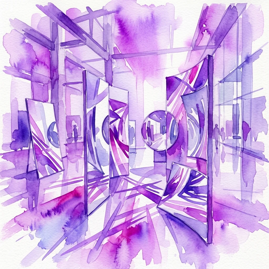 Watercolor illustration in purple tones of a science exhibition gallery featuring flat, concave, and convex mirrors arranged to create distorted reflections and light patterns.