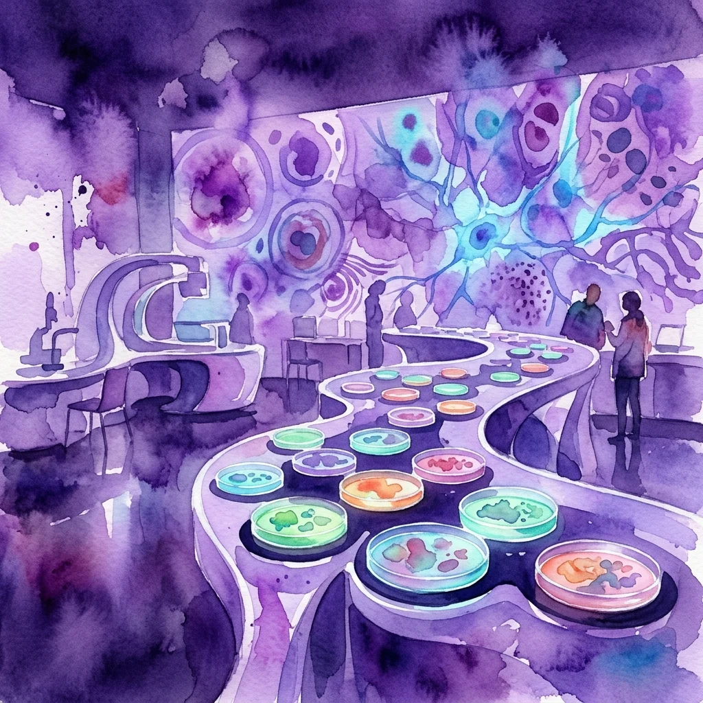 Watercolor illustration of a futuristic exhibition space featuring glowing petri dishes with colorful microbial cultures on a curved table, surrounded by silhouetted visitors and large projected microscopic cellular imagery.