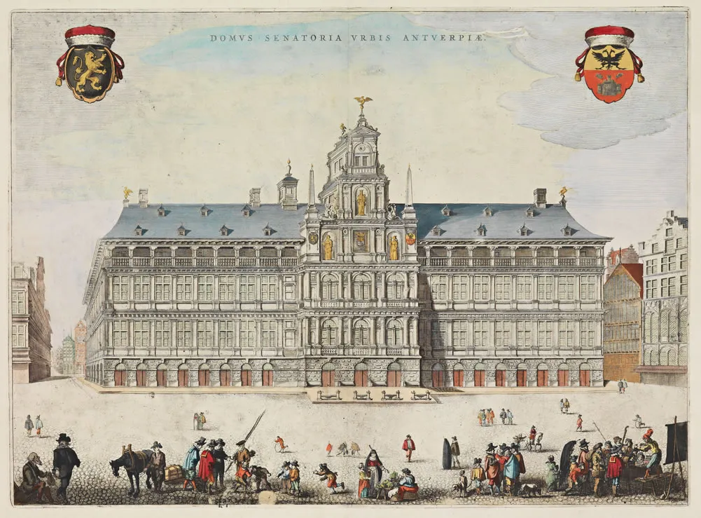 Grabado histórico de la fachada del Ayuntamiento de Amberes con personas vestidas con ropa del siglo XVII en la plaza en primer plano y dos escudos de armas en las esquinas superiores