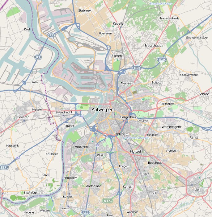 Mapa de Amberes y los municipios circundantes que muestra las principales carreteras, ríos y nombres de lugares, incluyendo Merksem, Deurne y Berchem.