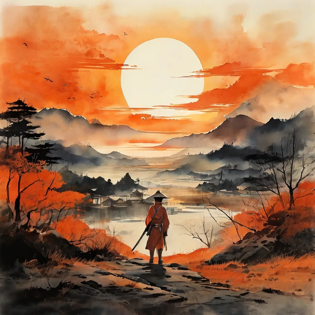 Una ilustración estilizada que representa una escena dramática de una película clásica de Akira Kurosawa, mostrando samuráis o figuras históricas, reflejando la rica narrativa y el estilo visual del cine japonés en el Eye Filmmuseum.