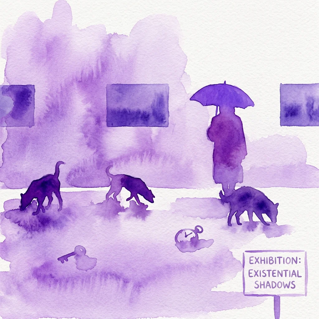 Una ilustración de acuarela púrpura de una escena contemplativa con siluetas de una persona con un paraguas, perros y objetos dispersos como una llave y un reloj, evocando temas existenciales.